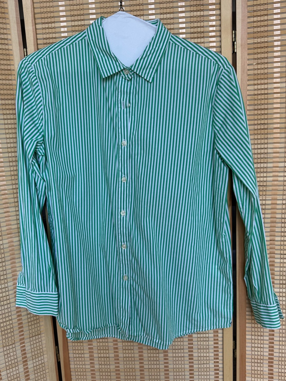 KULE Green and White Vertical-Striped Button-Down Shirt